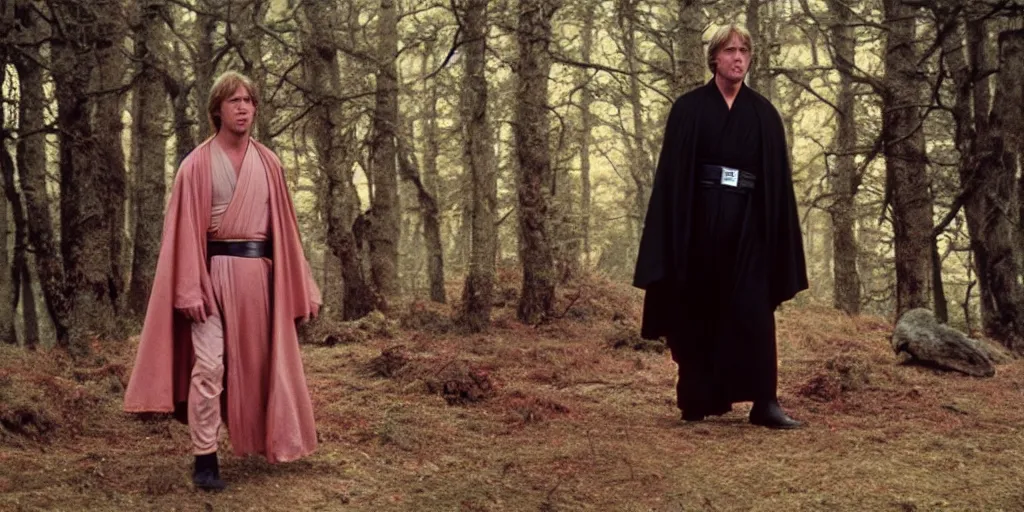 Image similar to screenshot of Luke Skywalker in dark jedi robe is lost on a surreal pink planet with black trees, minamilist 1970s sci fi film by Stanely Kubrick film, color kodak, Ektachrome, anamorphic lenses, detailed faces, hyper-realistic, photoreal, detailed portrait, moody award winning cinematography, beautiful lighting