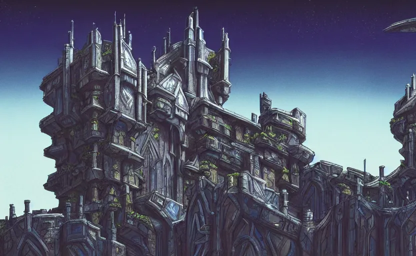 Prompt: game asset ori parallax alien scifi mechanical exterior shot of utopian medieval stronghold architecture castle with cinematic lighting by zaha hadid peter zumthor environment _ studio ghibli futuristic h. r giger in gouache detailed painting