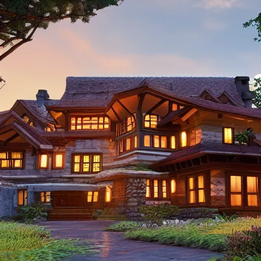 Image similar to Peaceful wooden mansion, unreal engine 5 tech demo, zillow interior, golden hour, living room, cozy, Frank Lloyd Wright ((Studio Ghibli))