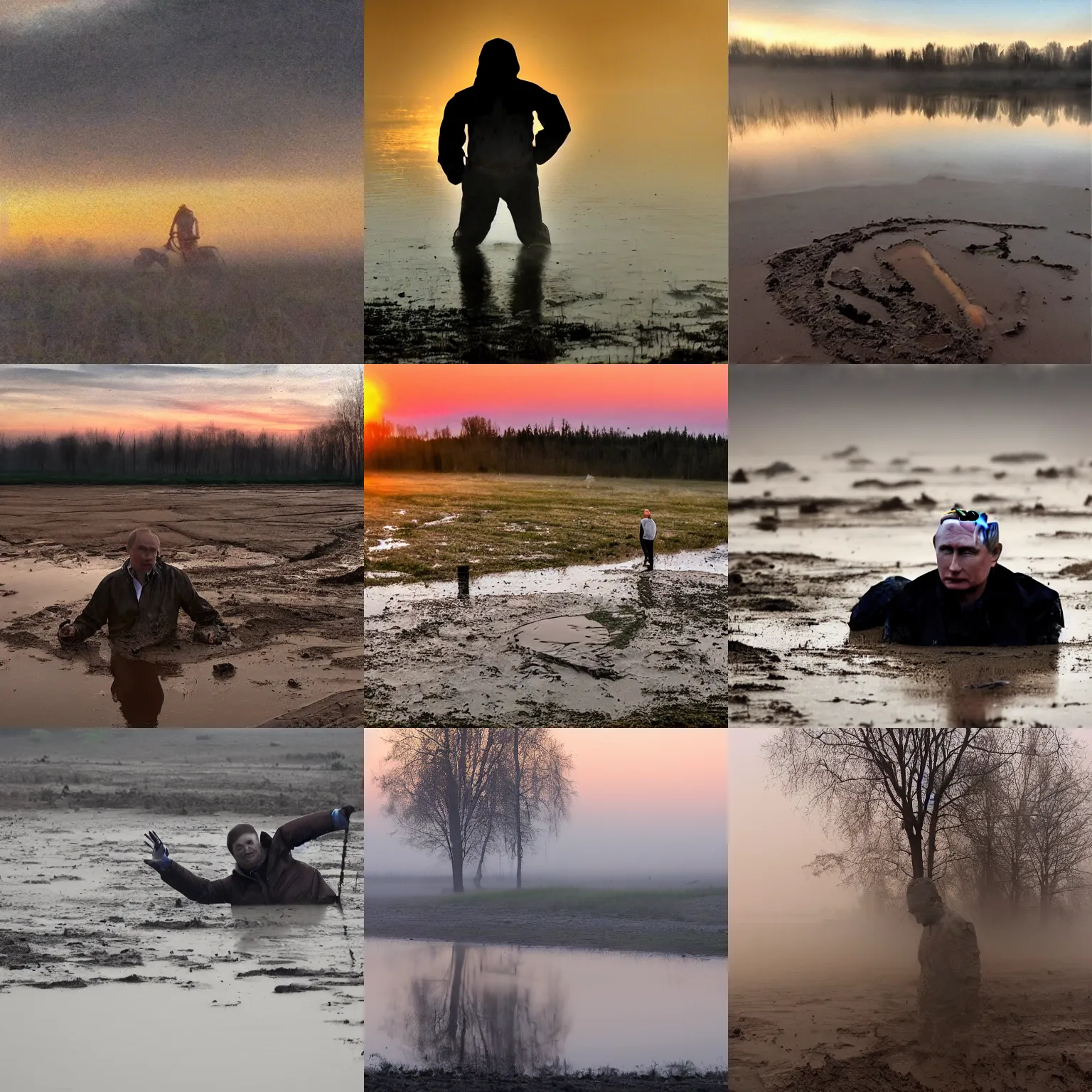 Prompt: putin in mud, foggy, sunset