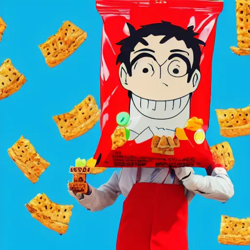 Prompt: Anthropomorphic man holding too many snack food bags, cel animation by studio ghibli , post-processing , IMAX , vibrant colors , award-winning masterpiece 20 years in the making