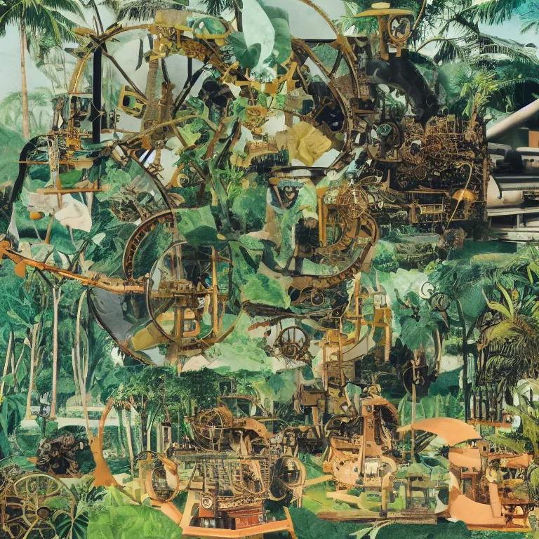 Image similar to a network of steampunk machinery in tropical nature, painted by Neo Rauch, 1970 magazine cut out collage