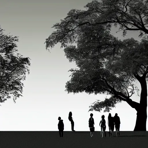 Prompt: a group of people in a park staring up at a gigantic tree, monochromatic, digital art, minimalistic