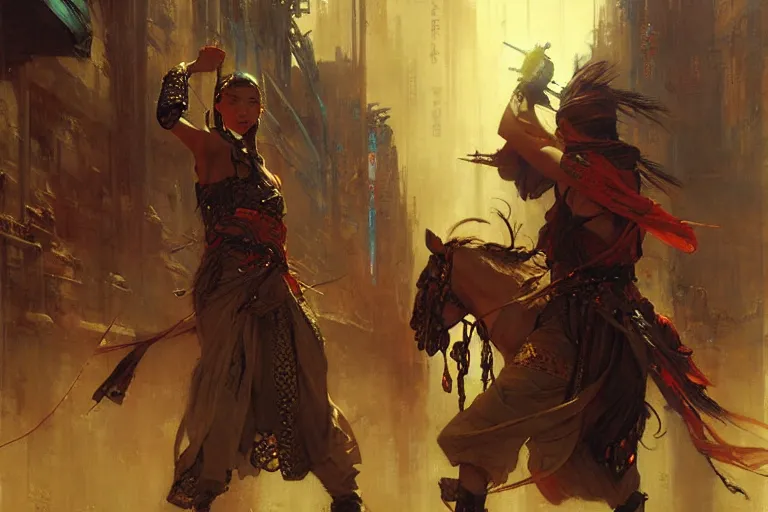 Image similar to wuxia, cyberpunk, painting by gaston bussiere, craig mullins, j. c. leyendecker