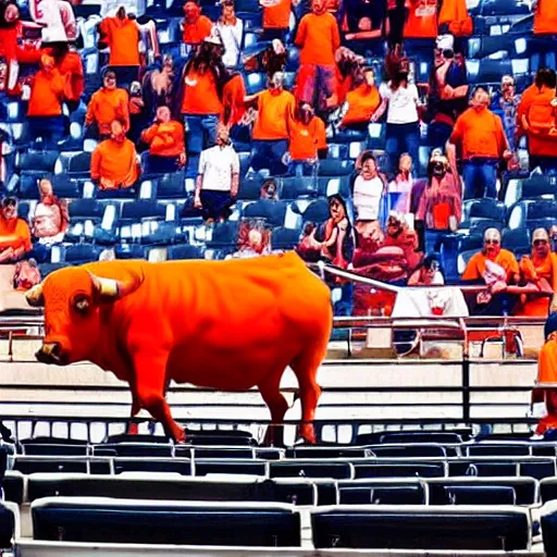 Image similar to bull wearing orange inmate clothes in a bullring stadium in pamplona