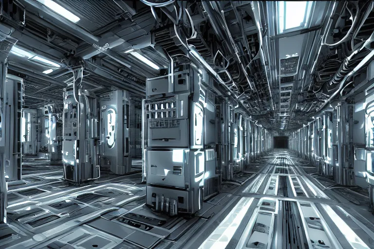 Prompt: robot parallax datacenter server room interior single mono colossus white rusty android robosaurus sitting artstation cinematic detailed concept art volumetric light sharp coherent cgsociety symmetric perfect well balanced shadows lotr servers