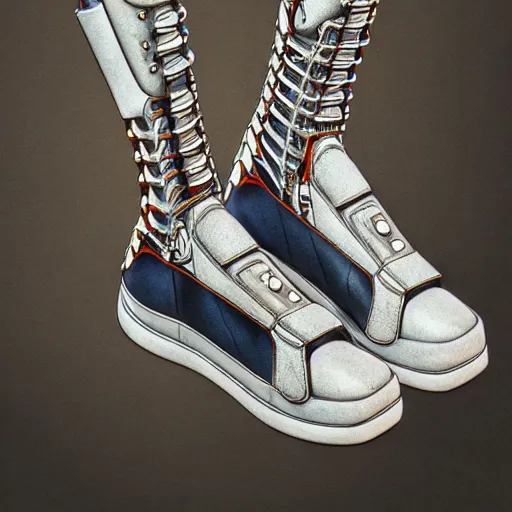 Image similar to futuristic balenciaga and vetements sneakers by aaron horkey, trending on artstation, skeleton, ultra rendered extreme realism and detail, 8 k, highly detailed, realistic, completely framed, pbr, surreal, hyper realistic, colorful, direct lighting, 3 5 mm photo, photorealistic, sharp focus,