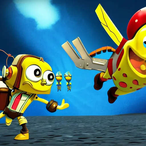 Image similar to ratchet and clank in 3d style meeting spongebob in 2d style