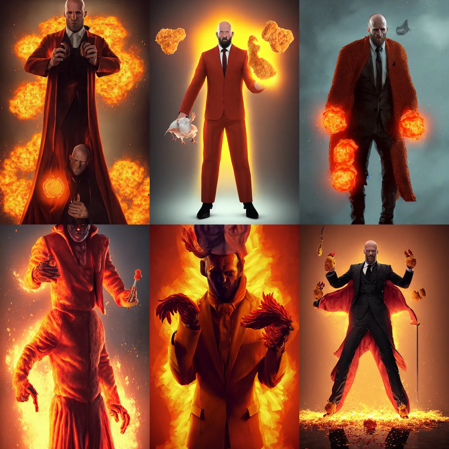 Prompt: sinister ultrarealistic fantasy portrait mage jason statham fighting, orange suit made out of ( chicken nuggets ) ( chicken nugget ) mantle gothic ( chicken nugget ) cloak with intricate details, fantasy character octane render, cinematic lighting, volumetric lighting, artstation, dnd art, cgsociety, sharp focus, digital painting by artgerm, gerald brom, wlop