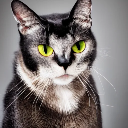 Image similar to a black cat with yellow eyes wearing silver armor, high quality photograph, studio lighting