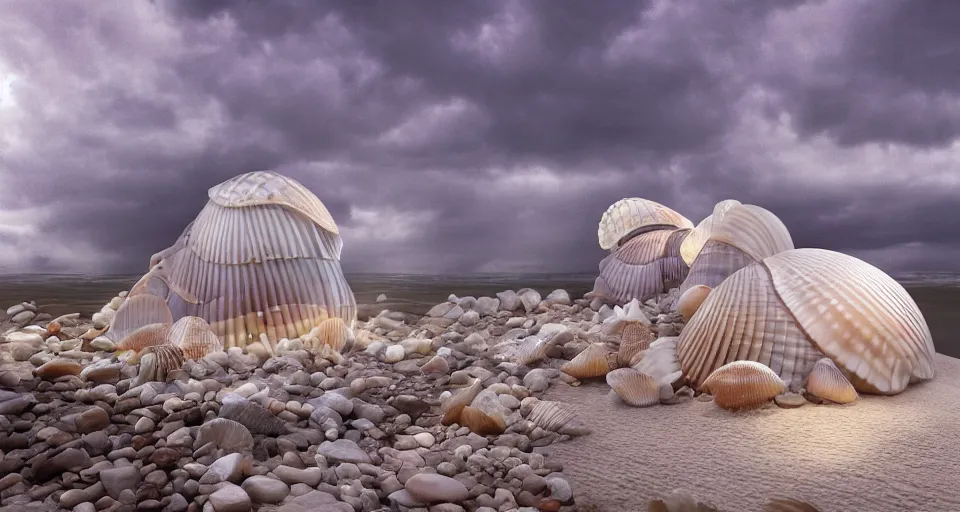 Image similar to nacre seashell house, atmospheric cinematography