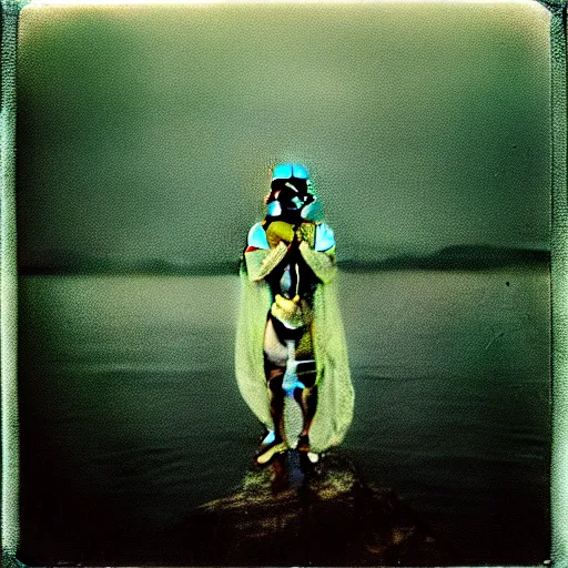 Image similar to semi translucent frog in Jesus Christ pose hovering over misty lake, polaroid photography by Andrei Tarkovsky, spiritual, mystical, mellow