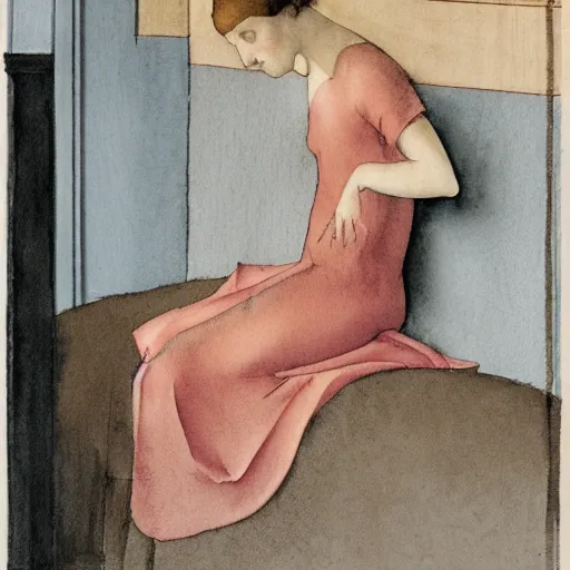 Image similar to a lonely girl in a liminal hotel room, watercolor by pontormo, limited color palette, very intricate, art nouveau, highly detailed, lights by hopper, soft pastel colors, minimalist