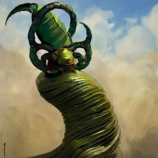 Image similar to greg manchess portrait painting of partially armored caterpillar from alice in wonderland as overwatch character, wacky, medium shot, asymmetrical, profile picture, organic painting, sunny day, matte painting, bold shapes, hard edges, street art, trending on artstation, by huang guangjian and gil elvgren and jesper ejsing