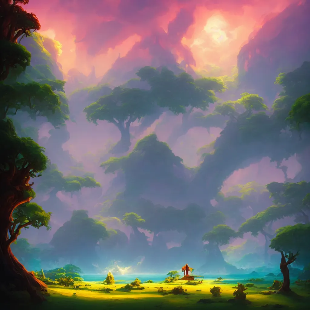 Image similar to enchanted island landscape in the style of riven and myst by rhads and jesper ejsing. vivid color, highly detailed, mystical, digital painting, artstation, concept art, matte, sharp focus.