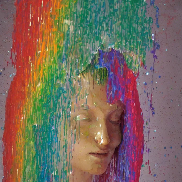 Image similar to colorful rainbow woman portrait raining in a translucent clothing made from plastic bag with paper bags for clothes standing inside paper bags with paper bag over the head at store display, highly detailed, artstation, art by , edward hopper, zdislav beksinski, wayne barlowe
