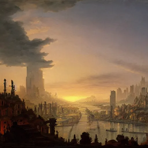 Prompt: vista of a city at sunset, the city is a sprawling renaissance city that is built in the hills of a bay amidst cyclopean tombs and overgrown by the rainforest, rpg, hubert robert, cityscape, vista, dying earth, gene wolfe