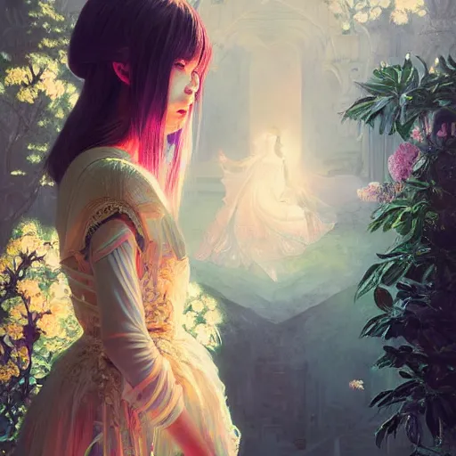 Image similar to beautiful young girl in intricate clothing by ross tran, walking in a castle painted by sana takeda, reflections, very high intricate details, painting, digital anime art, medium shot, mid - shot, composition by ilya kuvshinov, lighting by greg rutkowski