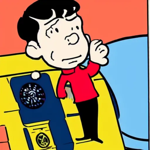 Image similar to chris kattan as spock on board uss enterprise in the style of charles schulz, star trek, peanuts, comic, cartoon, smooth lines