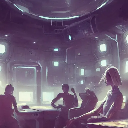 Image similar to concept art by greg rutkowski, a very tall, and slender woman with blond hair, sitting with the crew in the ship's flight deck, brutalist futuristic interior, dark lighting atmosphere, detailed portraits, nostalgic atmosphere, scifi, digital painting, artstation, concept art, smooth, sharp foccus ilustration, artstation hq