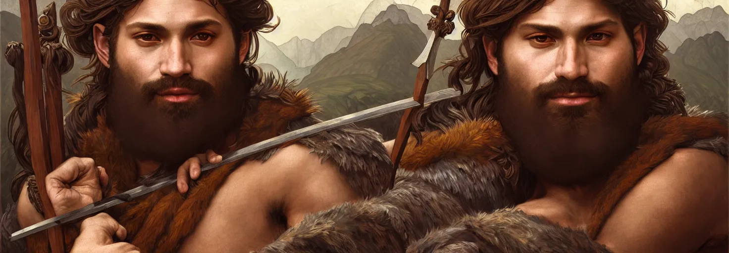 Prompt: renaissance upper body portrait of a gruff ranger with a spear, kurikuro, lean and toned, handsome face, hairy chest, D&D, intricate, elegant, highly detailed, digital painting, artstation, concept art, matte, sharp focus, illustration, art by da Vinci, Artgerm and Greg Rutkowski and Alphonse Mucha