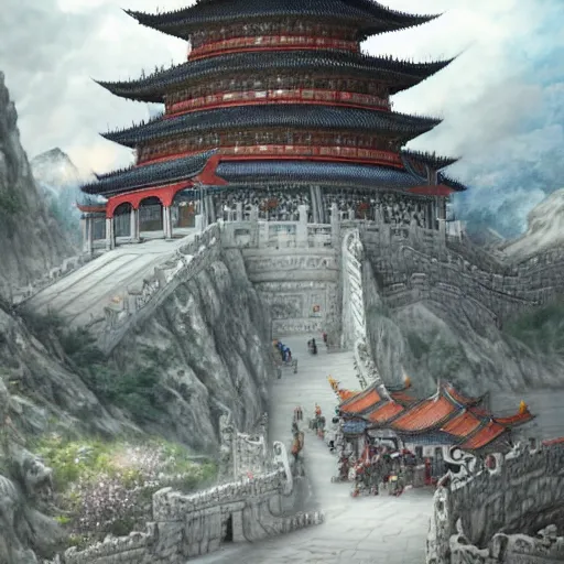 Image similar to dynamic composition, motion, ultra-detailed, incredibly detailed, a lot of details, amazing fine details and brush strokes, colorful and grayish palette, smooth, HD semirealistic anime CG concept art digital painting, watercolor oil painting of epic castle gate, from Three Kingdoms, by a Chinese artist at ArtStation, by Huang Guangjian, Fenghua Zhong, Ruan Jia, Xin Jin and Wei Chang. Realistic artwork of a Chinese videogame, gradients, gentle an harmonic grayish colors.