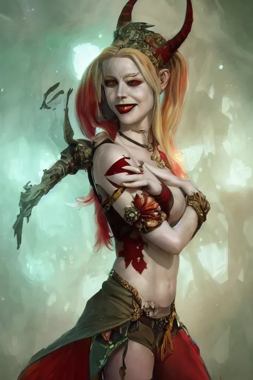 Image similar to portrait of harley quinn as a demon elf queen, forest, godlike, upper body, fantasy, intricate, elegant, highly detailed, digital painting, artstation, concept art, sharp focus, illustration, art by artgerm and greg rutkowski and alphonse mucha