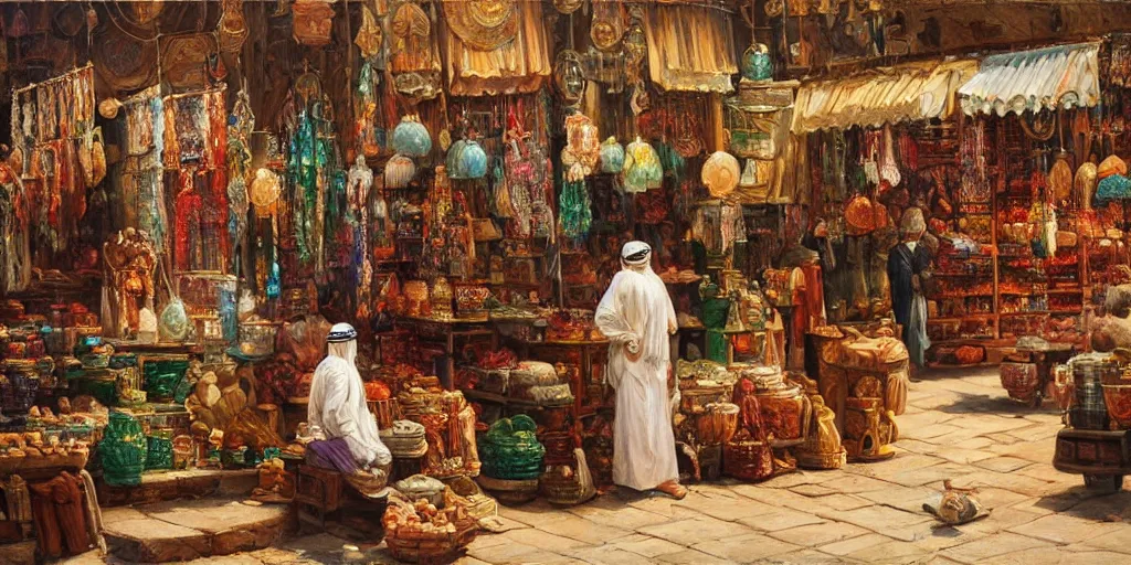 Image similar to Highly detailed romantic period oil painting of a Middle Eastern bazaar, strong atmosphere, oil painting masterpiece by Josep Tapiró Baró, symmetry, fractals