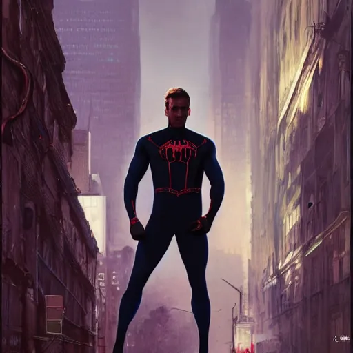 Image similar to ryan reynolds as a black and blue suit spider - man, cinematic, volumetric lighting, f 8 aperture, cinematic eastman 5 3 8 4 film, photorealistic by greg rutkowski, by stanley artgerm, by alphonse mucha