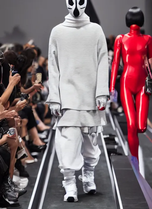 Image similar to hyperrealistic and heavy detailed balenciaga runway show of deadpool, leica sl 2 5 0 mm, vivid color, high quality, high textured, real life