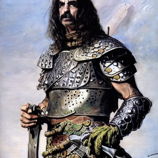 Prompt: portrait of frank zappa wearing armor and holding sword by frank fazetta, fantasy, barbarian