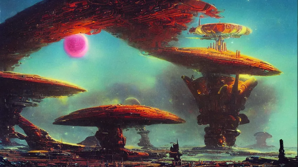 Prompt: a tall spaceship landing on a strange eerie alien planet by Paul Lehr and Bruce Pennington