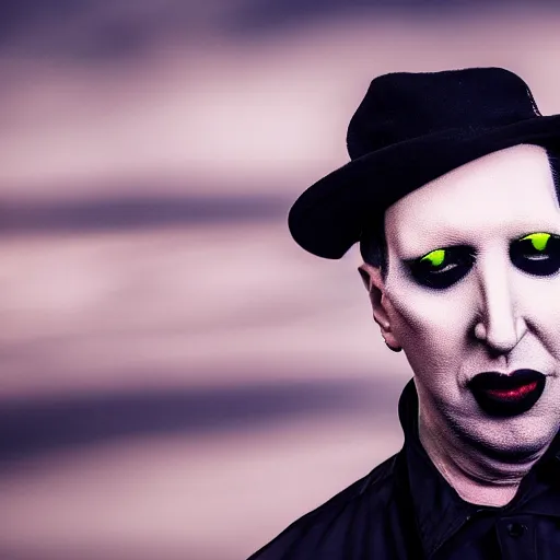 Image similar to Marilyn Manson, wearing hi vis clothing, in the Australian outback, portrait photography, bokeh, depth of field, 4k