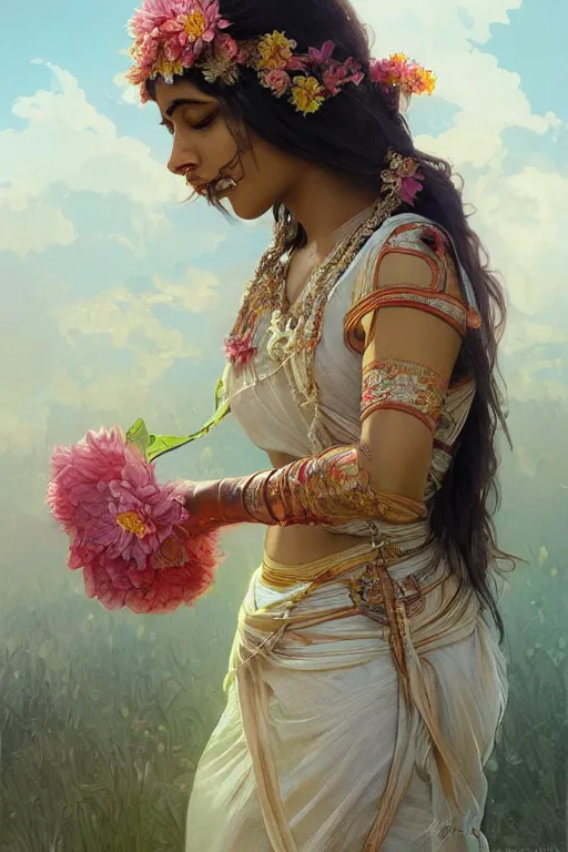 Prompt: ultra realistic illustration, indian girl with flowers blossoming from helmet, elegant, highly detailed, digital painting, concept art, smooth, sharp focus, illustration, art by artgerm and greg rutkowski and alphonse mucha