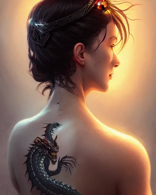 Image similar to A girl with a dragon tattoo on her back, the tattoo is glowing and coming alive , deep focus, D&D, fantasy, intricate, elegant, highly detailed, digital painting, artstation, concept art, matte, sharp focus, illustration, hearthstone, art by Artgerm and Greg Rutkowski and Alphonse Mucha