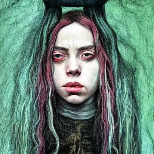 Prompt: fantasy painting of billie eilish by judson huss and henriette grindat and albrecht durer | horror themed | creepy