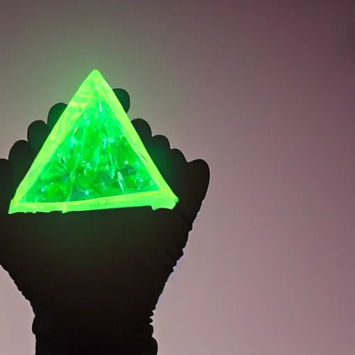 Prompt: a glowing shard of kryptonite held in an open black - gloved hand, pitch black background, glove dimly lit only by the green glow of the kryptonite