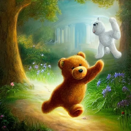 Image similar to breathtaking detailed concept art painting of a teddy bear chasing will-o-wisp in the garden, orthodox saint, ornate background