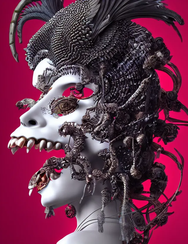 Image similar to 3 d goddess of hell close - up profile portrait with ram skull. beautiful intricately detailed japanese crow kitsune mask and clasical japanese kimono. betta fish, jellyfish phoenix, bio luminescent, plasma, ice, water, wind, creature, artwork by tooth wu and wlop and beeple and greg rutkowski