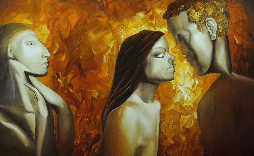 Prompt: This is the most creative and extraordinary oil painting, without frame, ever created, it\'s about a couple that love each other deeply but can\'t be together, something extremely new to humankind that never existed before, just mind-blowing, shapes that only gods know, golden and silver colors