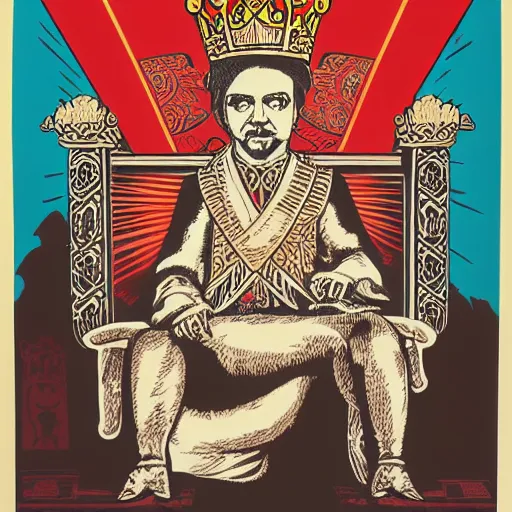 Image similar to Portrait of king sitting on wood throne with pig head wearing crown by Shepard Fairey