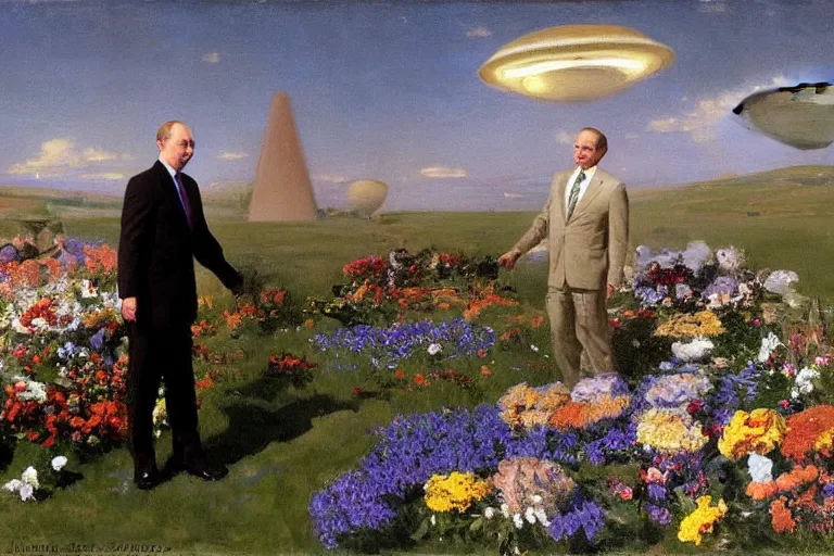 Image similar to vladimir putin greeting ufo with flowers, john singer sargent