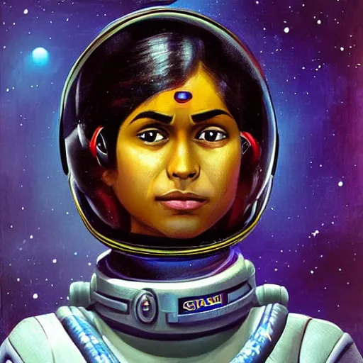 Prompt: a female space cadet from india, resting after a hard mission, happily tired, sci fi character portrait by Vincent deFate
