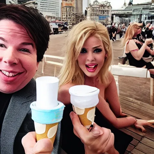 Image similar to Michael Mcintyre sitting next to a blonde woman eating ice creams & taking a selfie, greg rutkowski