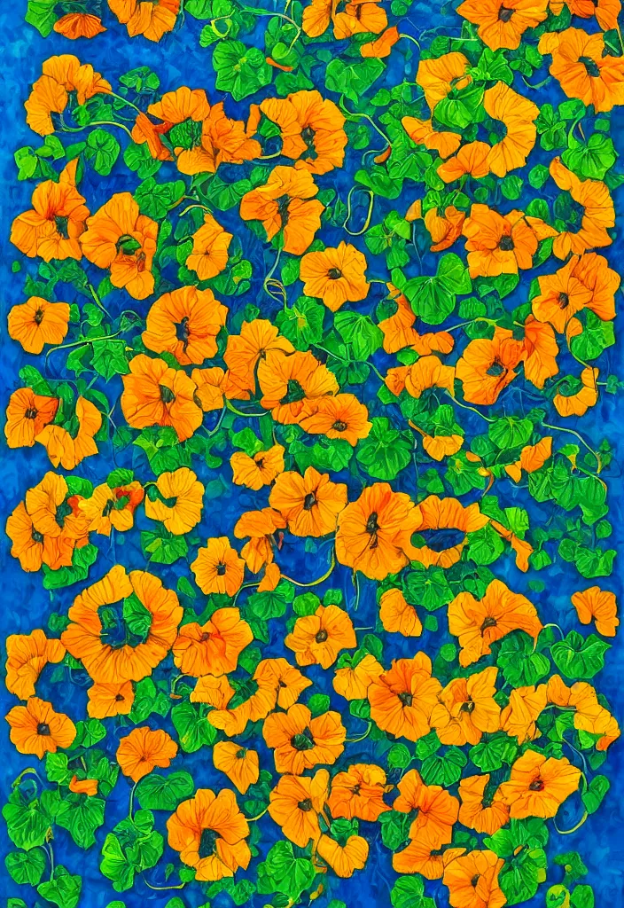 Image similar to award winning fine artwork about entangled sunflowers and falling nasturtiums with vines