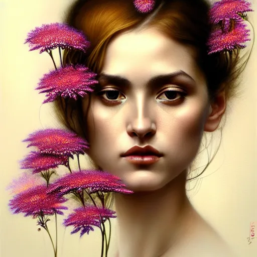 Image similar to portrait of an absurdly graceful, elegant, sophisticated woman wearing shirt and shorts, covered in flowers, in the style of casey baugh, vladimir kush, yasunari ikenaga, yasar vurdem, william oxer, intricate, beautiful, artstation 8 k