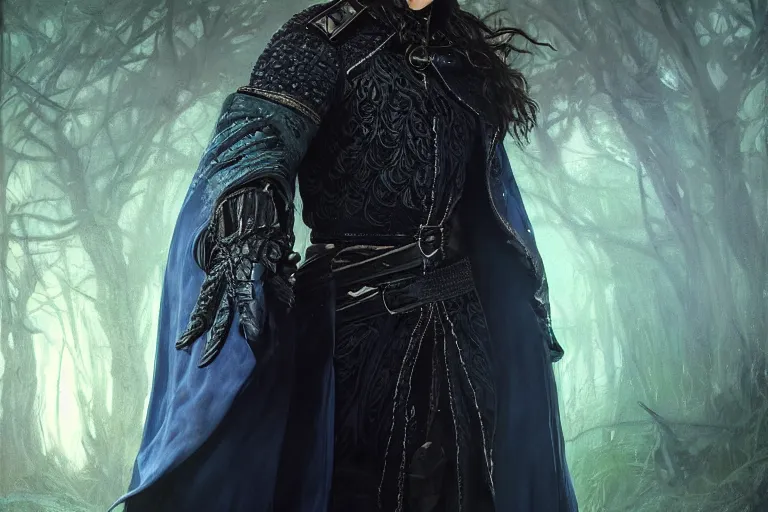 Image similar to ultrarealistic male mage half face infected portrait fighting, long black hair blue eyes wearing leather mantle gothic navy cloak with leather details, green plants, octane render, extreme intricate details, elegant, cinematic lighting, highly detailed, artstation, dnd fantasy character art, cgsociety, sharp focus, beautiful digital painting by artgerm, gerald brom, wlop, alphonse mucha