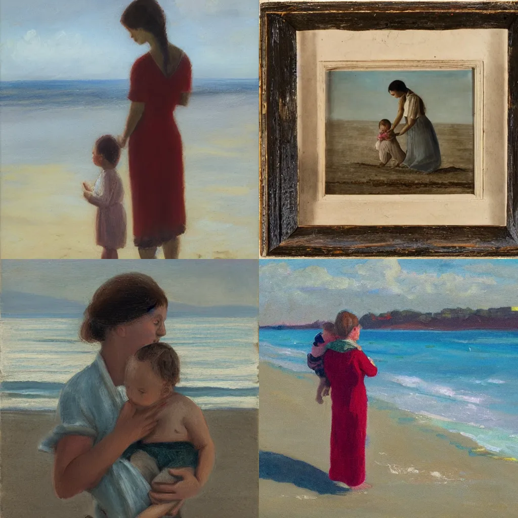 Prompt: woman holding a child on the beach, timothy rees