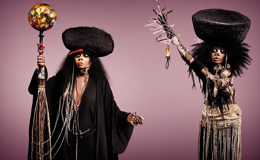 Image similar to “erykah badu as a voodoo queen wearing flowing black robes and a disco tophat holding a staff with a glowing crystal ball, by michalopoulos, by Laurie Lipton, Josip csoor, 8k resolution, realistic shadows, 3D, rendered in octane, volumetric lighting, hyper detailed, photorealistic, voodoo”