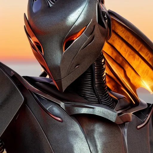 Image similar to chest up bust shot, realistic detailed stunning beautiful armored anthropomorphic humanoid robot female dragon, looking to the side with an elegant pose, smooth and streamlined armor and design made of steel, sharp claws and sharp teeth, high quality head, Slick LEDs, standing on two legs, on the beach during sunset, high quality, cinematic art, sci fi, sunset lighting, 3D render, 8k, artstation, deviantart, furaffinity